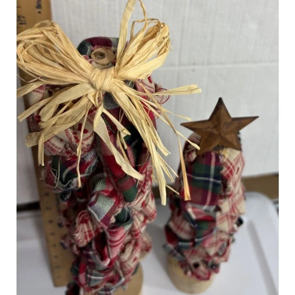 Primitive Rag Fabric Christmas Tree Wood Base 22” Farmhouse Star Missing VTG